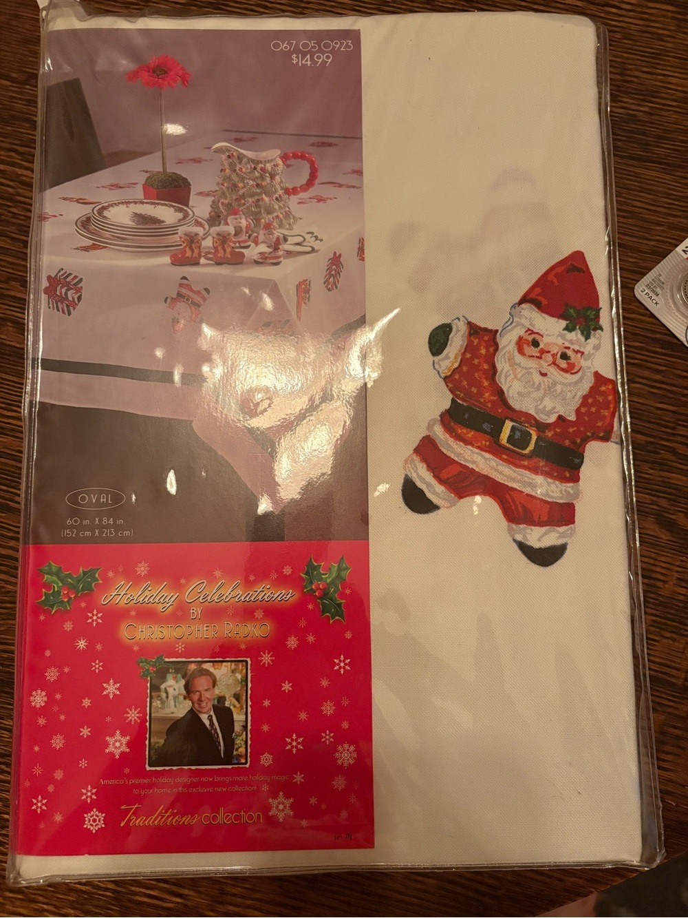 Christopher Radko White Tablecloth with Cheerful Red Santa